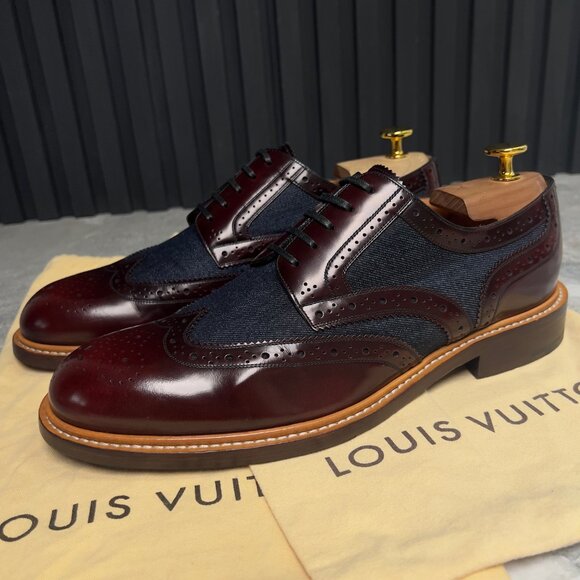 Louis Vuitton Voltaire Derby Denim Burgundy Glazed Leather 7.5 LV 8.5 US 41.5 EU - Picture 1 of 13